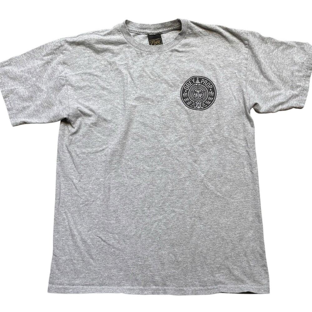 OBEY Heather Gray Logo Front & Back Graphic Tee Short Sleeve Men's Medium